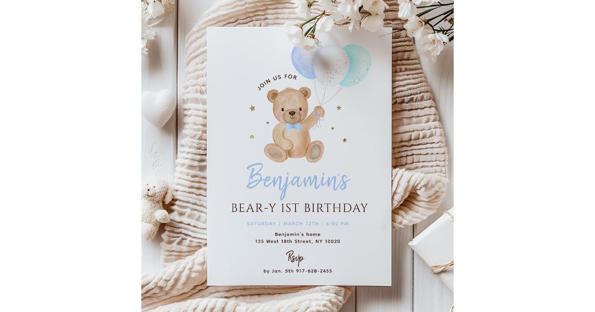 Blue Boy Teddy Bear Balloon First Birthday Invitation | Zazzle