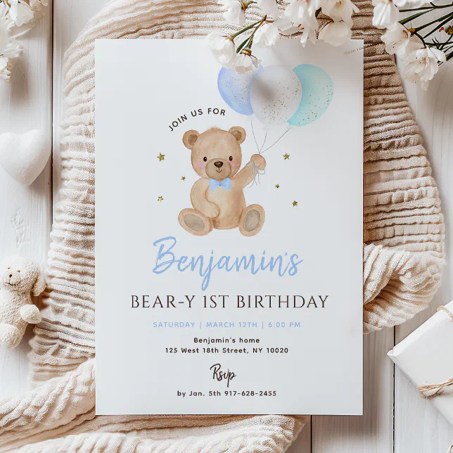 Blue Boy Teddy Bear Balloon First Birthday Invitation | Zazzle