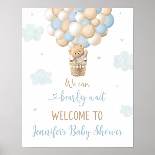 Blue Boy Teddy Bear Balloons Baby Shower Welcome Poster