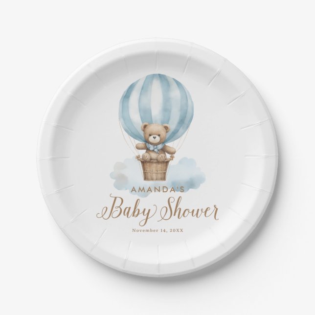 Blue Boy Teddy Bear Bearly Wait Baby Shower Paper Plates (Front)