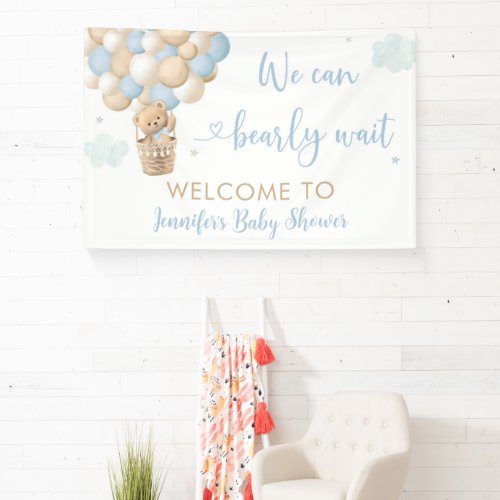 Blue Boy Teddy Bear Hot Air Balloon Baby Shower Banner