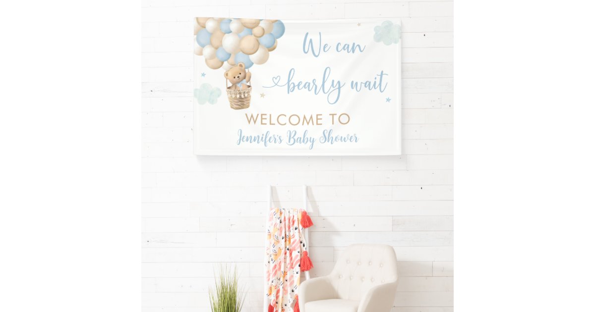Blue Boy Teddy Bear Hot Air Balloon Baby Shower Banner | Zazzle