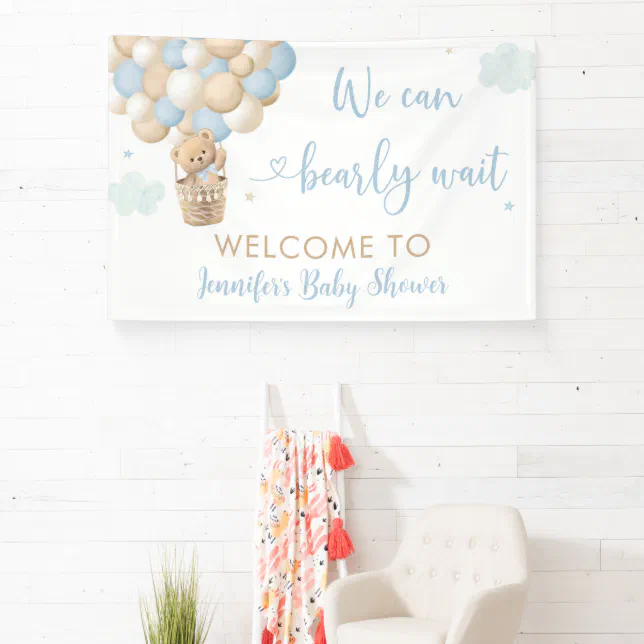 Blue Boy Teddy Bear Hot Air Balloon Baby Shower Banner | Zazzle
