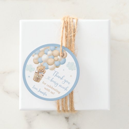 Blue Boy Teddy Bear Hot Air Balloon Baby Shower Favor Tags