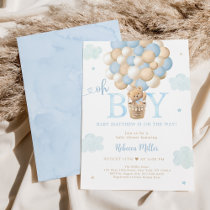 Blue Boy Teddy Bear Hot Air Balloon Baby Shower Invitation