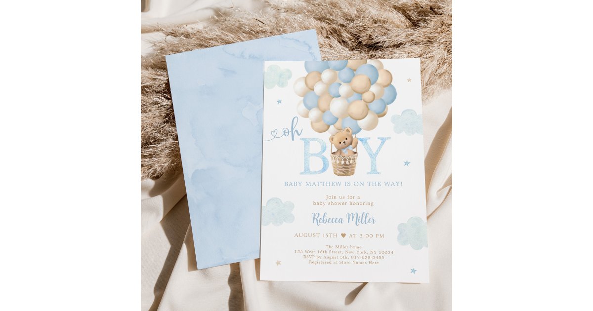 Blue Boy Teddy Bear Hot Air Balloon Baby Shower Invitation | Zazzle