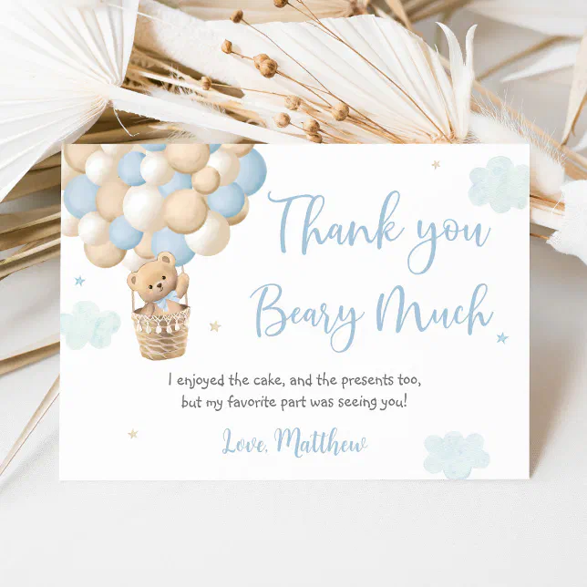Blue Boy Teddy Bear Hot Air Balloon Birthday Thank You Card | Zazzle