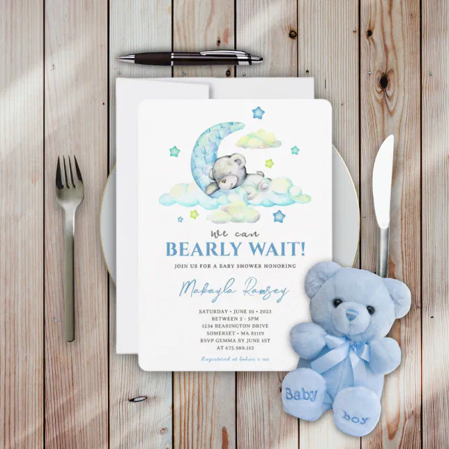 Blue Boy Teddy Bear On Moon Watercolor Baby Shower Invitation | Zazzle