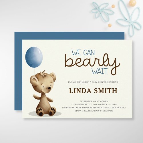 Blue Boy Teddy Bear We Can Bearly Wait Baby Shower Invitation