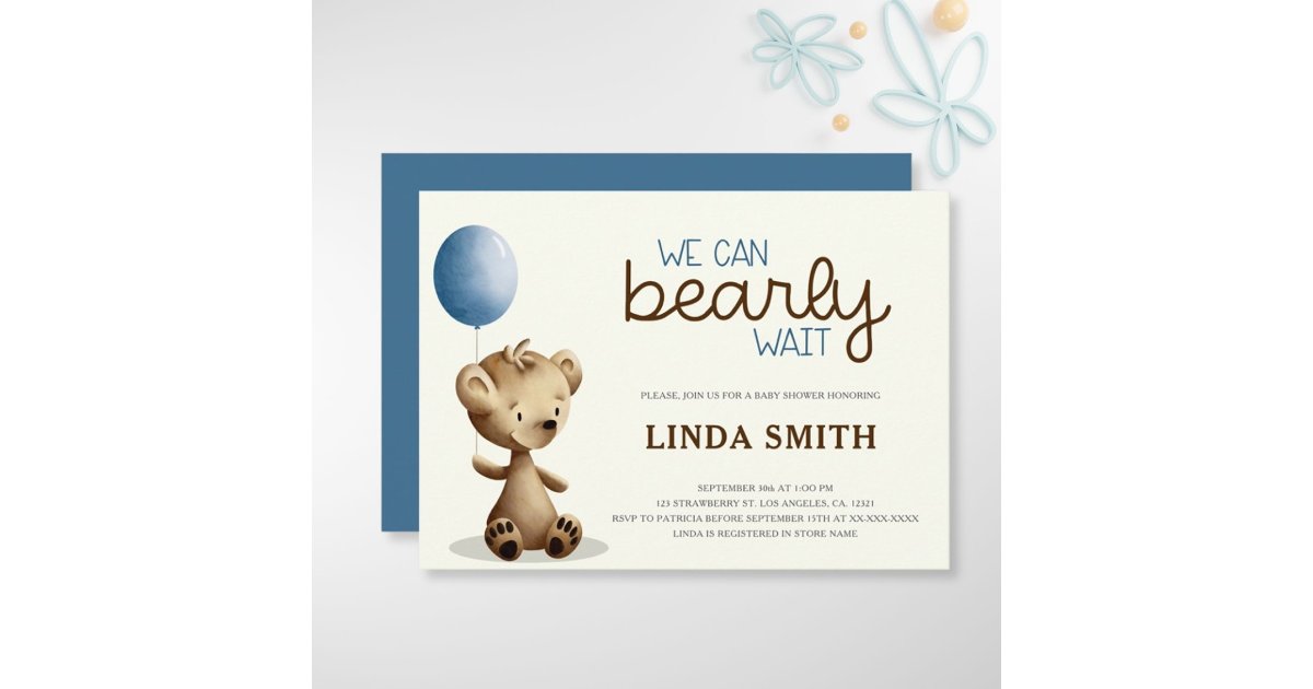 Blue Boy Teddy Bear We Can Bearly Wait Baby Shower Invitation | Zazzle