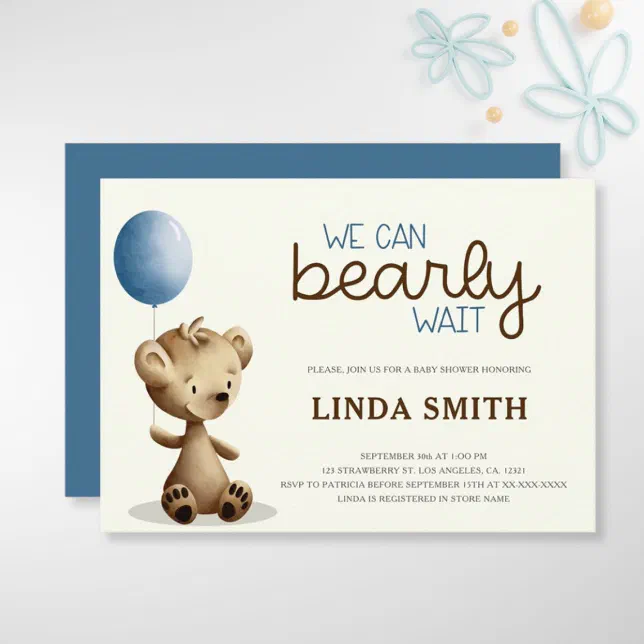 Blue Boy Teddy Bear We Can Bearly Wait Baby Shower Invitation | Zazzle