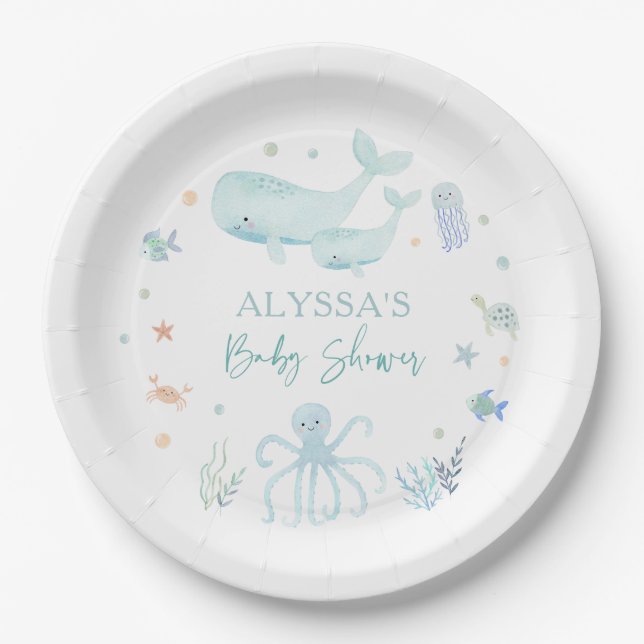 Blue Boy Under the Sea Baby Shower Paper Plates (Front)