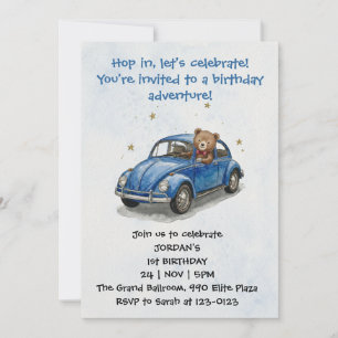 Blue Boy Watercolor Teddy Bear Driving Car Invitation