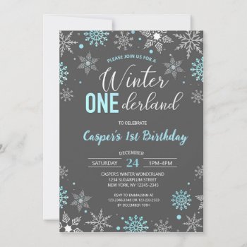 Blue Boy Winter Onederland Snowflake 1st Birthday Invitation by SugarPlumPaperie at Zazzle