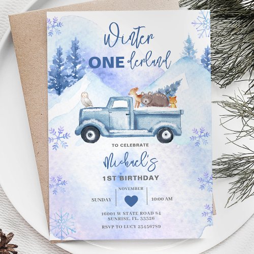 Blue Boy Woodland Winter Truck Onederland Birthday Invitation