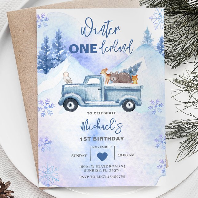 Blue Boy Woodland Winter Truck Onederland Birthday Invitation (Creator Uploaded)