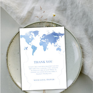 Blue Boy World Map Travel Adventure Baby Shower Thank You Card