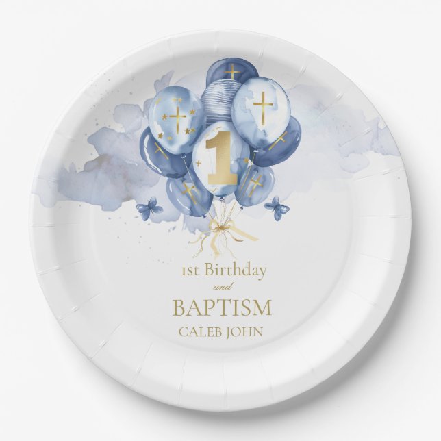Blue Boys 1st Birthday and Baptism Paper Plates (Front)