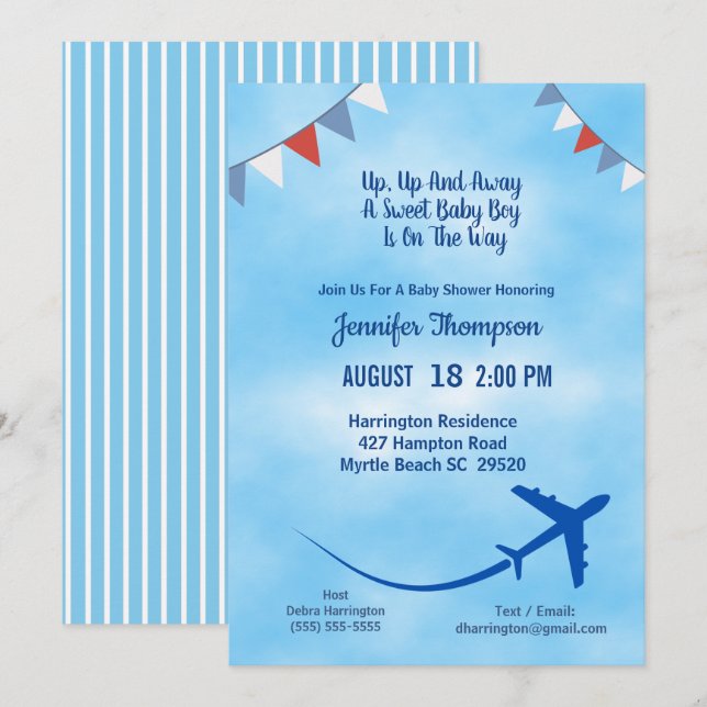 Blue Boy's Airplane Baby Shower Invitation (Front/Back)