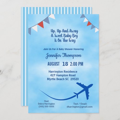 Blue Boys Airplane Baby Shower Invitation