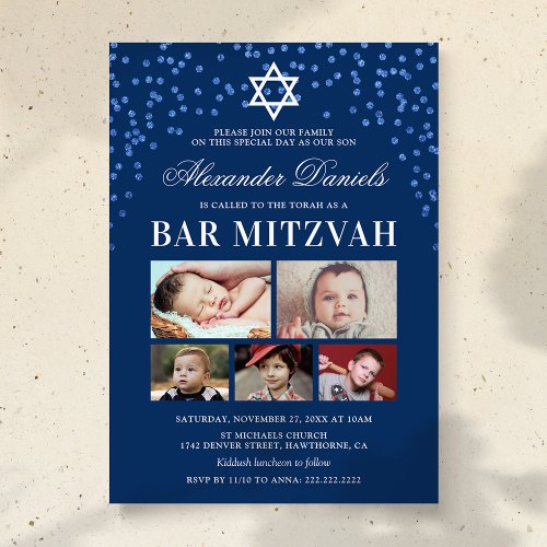 Blue Boys Bar Mitzvah Photo Invitation