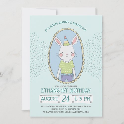 Blue Boys Bunny Birthday Party Invitation