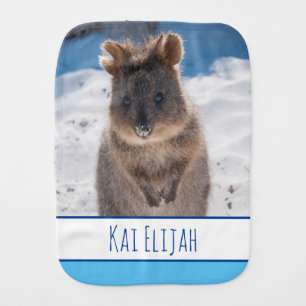 Blue Boys Custom Name Quokka on the Beach Baby Burp Cloth
