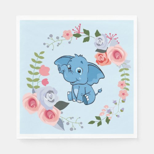 Blue Boys Elephant Floral Baby Shower Napkins