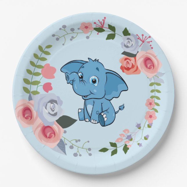 Blue Boy's Elephant Floral Baby Shower Paper Plates (Front)