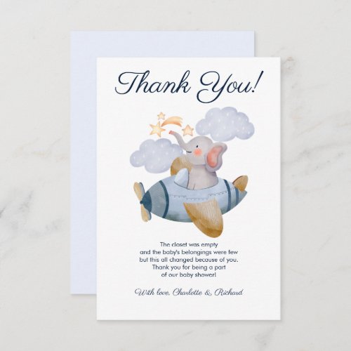 Blue Boys Elephant Plane Baby Shower Thank You Card