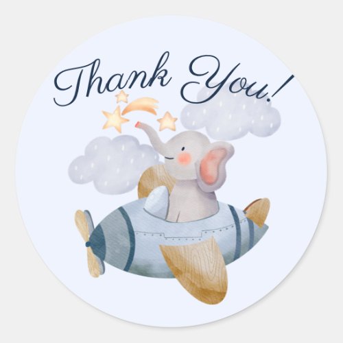 Blue Boys Elephant Plane Baby Shower Thank You  Classic Round Sticker