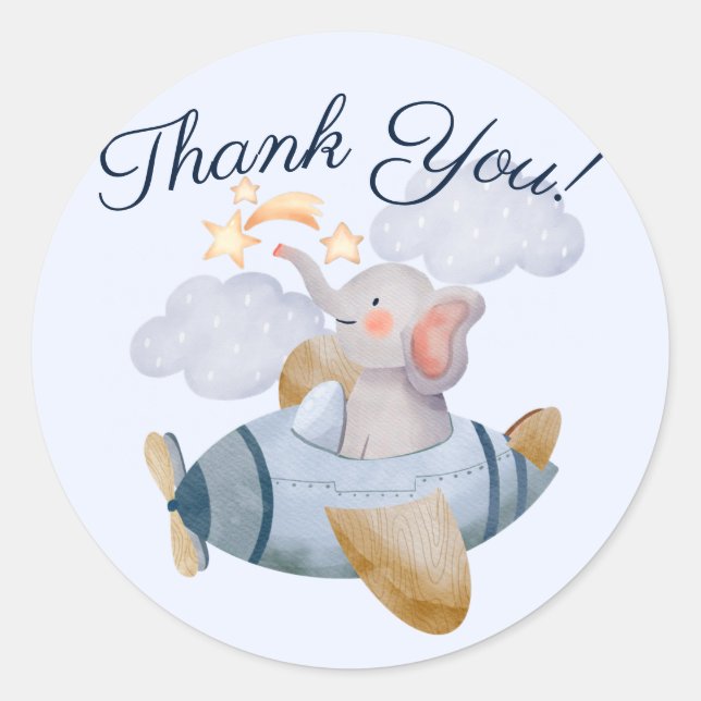 Blue Boy's Elephant Plane Baby Shower Thank You  Classic Round Sticker (Front)