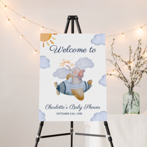 Blue Boys Elephant Plane Baby Shower Welcome Sign