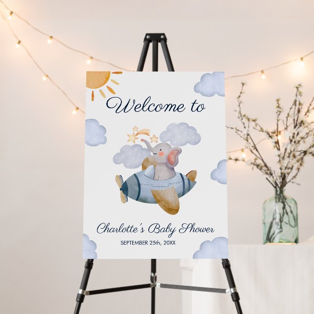 Blue Boy's Elephant Plane Baby Shower Welcome Sign (In Situ (Stand))