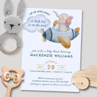 Blue Boy's Elephant Plane Watercolor Baby Shower  Invitation