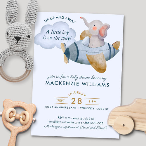 Blue Boy's Elephant Plane Watercolor Baby Shower 
