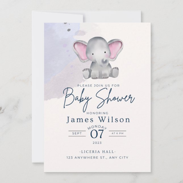 Blue Boy's Elephant Watercolor Baby Shower  Invitation (Front)