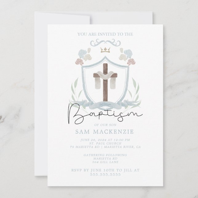 Blue boys first baptism invitation (Front)
