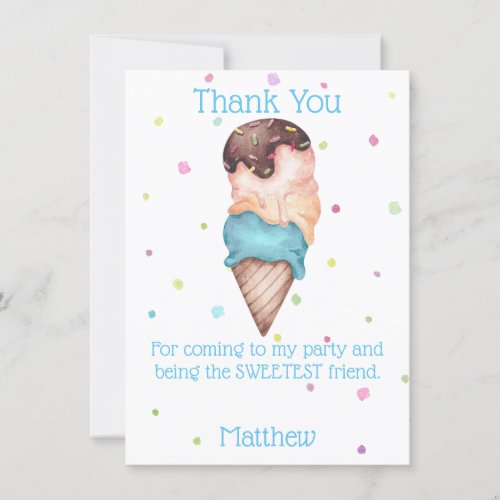 Blue Boys Ice Cream Birthday Party Thank You Card