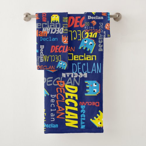 Blue boys name pixel alien graphic Declan towels