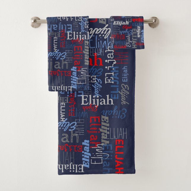 Blue boys name text graphic Elijah towels (Insitu)