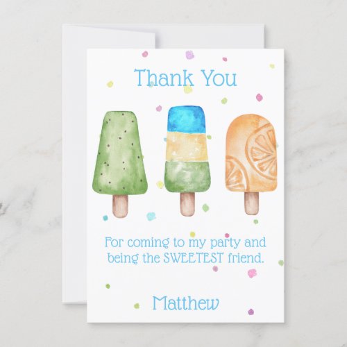 Blue Boys Popsicle Birthday Party Thank You Card