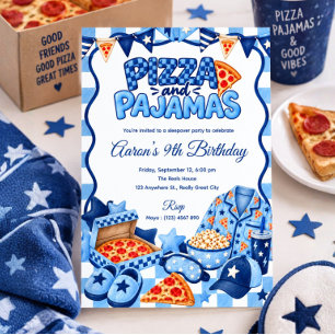 Blue Boys Sleepover Pizza and Pajamas Birthday Invitation