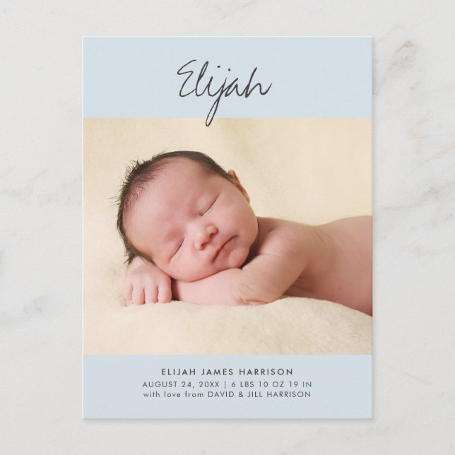 Blue Boys Statement Name Photo Baby Announcement Postcard (Front)