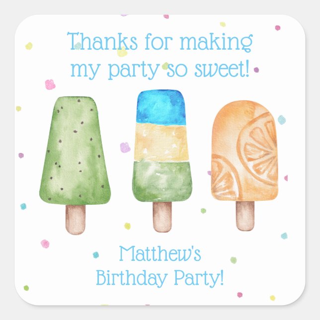 Blue Boys Summer Popsicle Birthday Favors Square Sticker (Front)