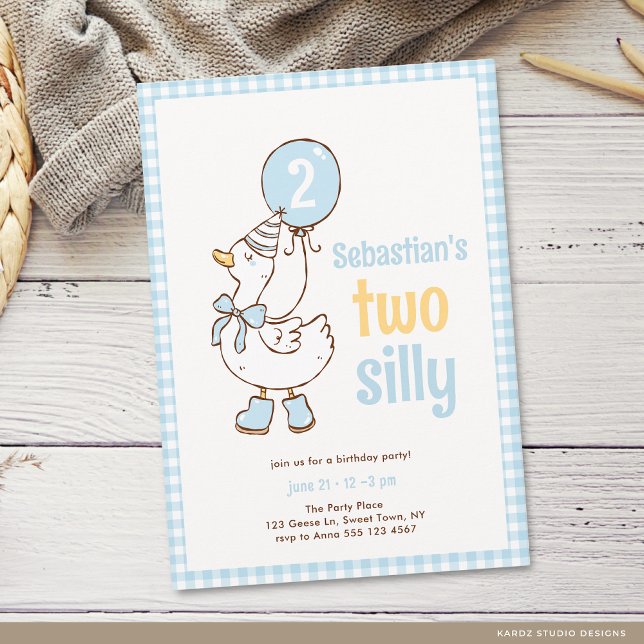 Blue Boys Two Silly Goose 2nd Birthday Invitation (The front of the invitation is shown in a 5x7-inch size. Choose size, paper, and corner sty)