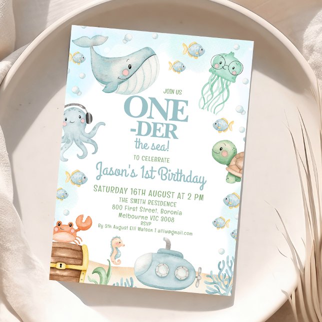 Blue Boys Under Sea Oneder The sea 1st Birthday Invitation (Boys Oneder the Sea 1st Birthday Invitation ONEder the Sea First Birthday Party Invite Summer Ocean)