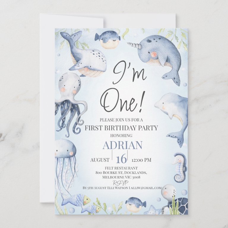 Blue Boys Under the Sea Creatures 1st Birthday Invitation