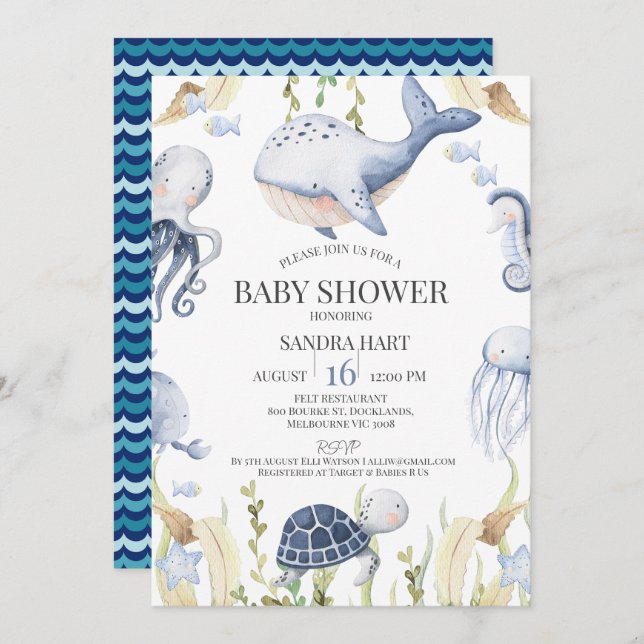 Blue Boys Under the Sea Creatures Boys Baby Shower Invitation (Front/Back)