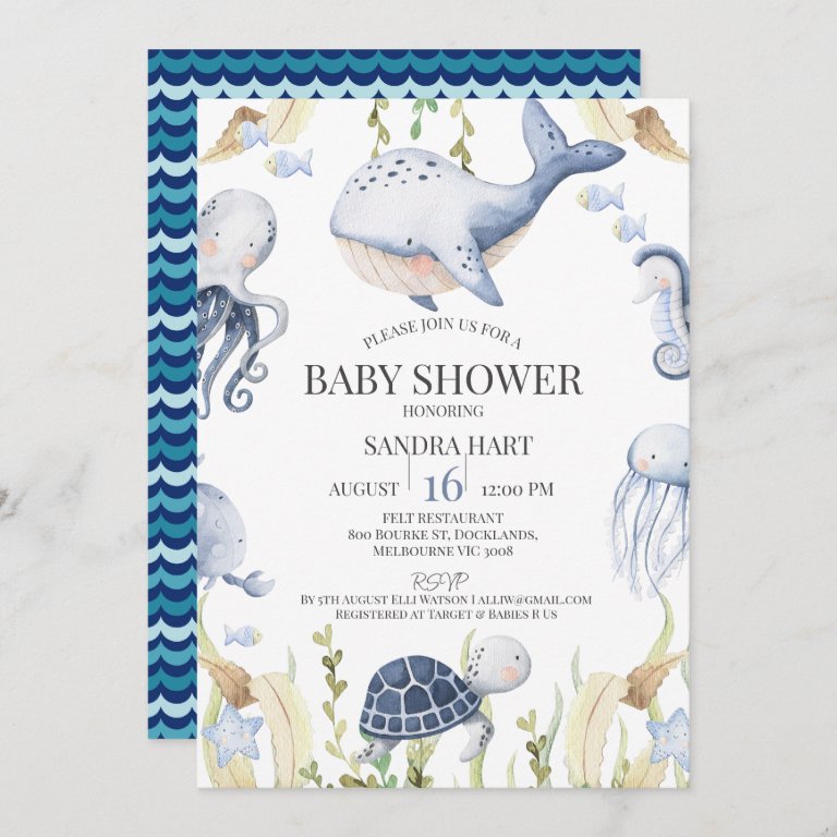 Blue Boys Under the Sea Creatures Boys Baby Shower Invitation